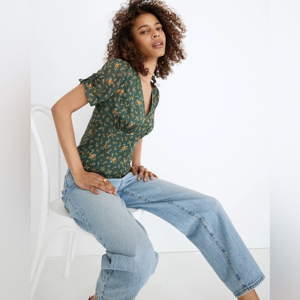 NWT Madewell Silk Evie Tie-Sleeve Top in Fresh Sprigs Size 6